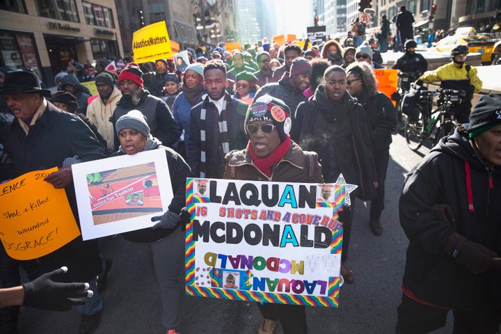 Protesters call for Chicago Mayor Rahm Emanuel (D) to resign on Dec. 31, 2015, for Emanuel's handling of the shooting death of Laquan McDonald.