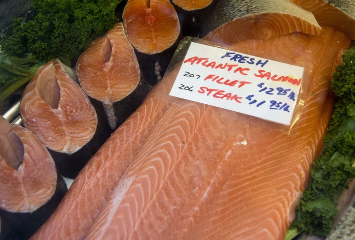 Fresh Atlantic salmon steaks and fillets at Eastern Market in Washington, D.C. in 2013.