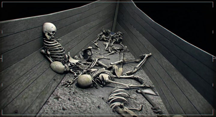 CGI reconstruction/animation graphic that depicts skeletons of dead Vikings in a longshp.