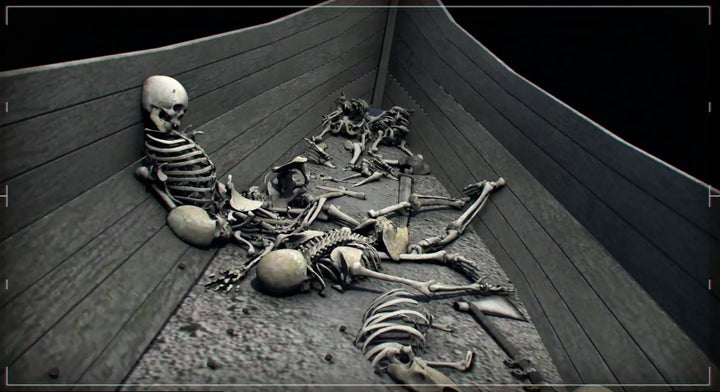 CGI reconstruction/animation graphic that depicts skeletons of dead Vikings in a longshp.