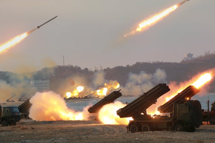 Rocket launchers are fired during a military drill in an undated photo released by North Korea's Korean Central News Agency.