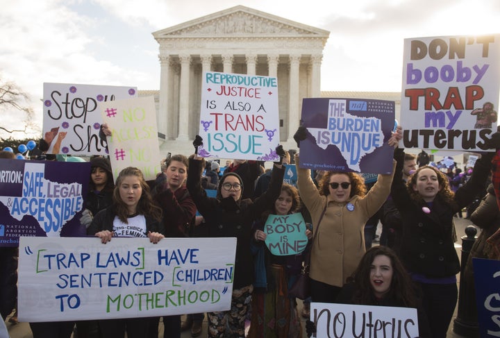 Supporters of legal access to abortion rallied outside the Supreme Court in Washington, D.C., on March 2, 2016, as the Court heard oral arguments in the case of Whole Woman's Health v. Hellerstedt, which concerns abortion restrictions in Texas.