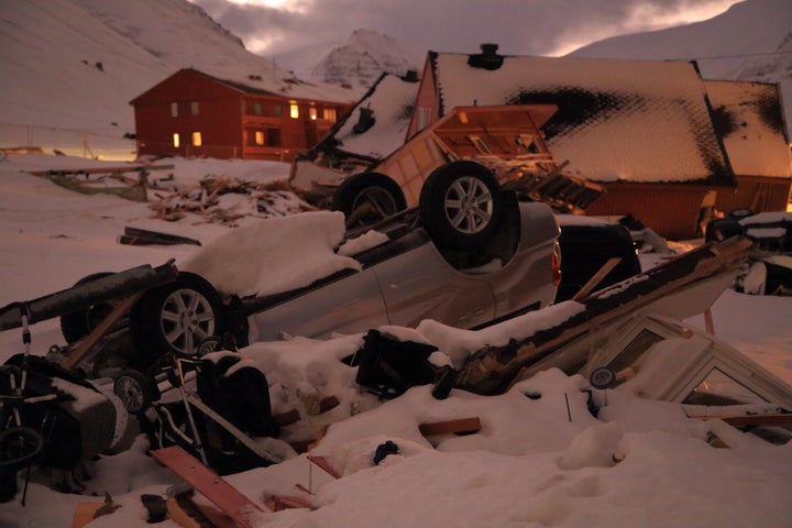 The scene after an avalanche hit several houses in Longyearbyen, Svalbard, in December 2015, killing two people.