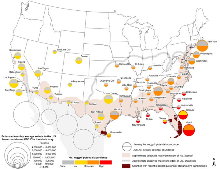 Researchers depict the relative risk of Zika virus spread via the Aedes Aegypti mosquito in this map. In particular, the southernmost tip of Texas is an area that is particularly high risk; it has had past outbreaks of dengue fever and chikungunya virus, has low to moderate projections for <em>Aedes aegypti</em> mosquitoes and receives thousands of people traveling from places where Zika virus is spreading.
