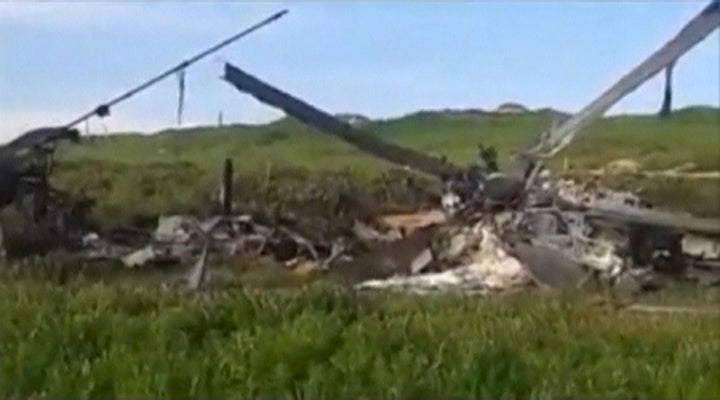 The wreckage of an Azeri Mi-24 helicopter which was downed during clashes with Armenian forces in Nagorno-Karabakh region, which is controlled by separatist Armenians, is seen in this still image taken from video provided by the Nagorno-Karabakh region Defence Ministry April 2, 2016.