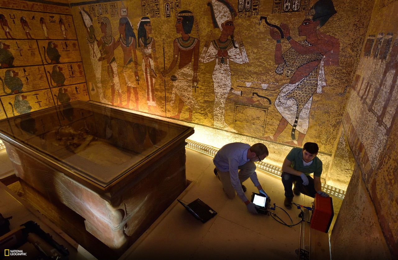 National Geographic technicians Eric Berkenpas and Alan Turchik prepare the radar unit to scan the tomb’s walls