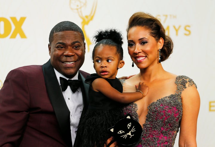 Tracy Morgan and wife, Megan Wollover, pose backstage with their daughter, Maven, at the Primetime Emmy Awards in Los An