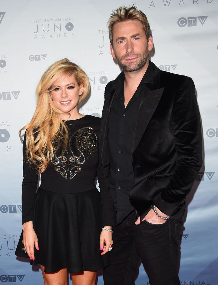 Recording artists Avril Lavigne and Chad Kroeger arrive at the 2016 Juno Awards at Scotiabank Saddledome on April 3, 2016, in Calgary, Canada.