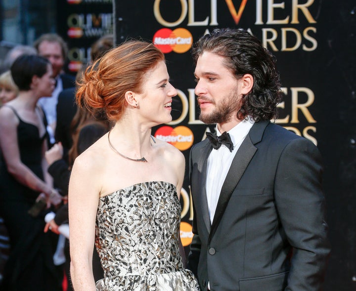 Rose Leslie and Kit Harington attend The Olivier Awards with Mastercard at The Royal Opera House on April 3, 2016 in London,
