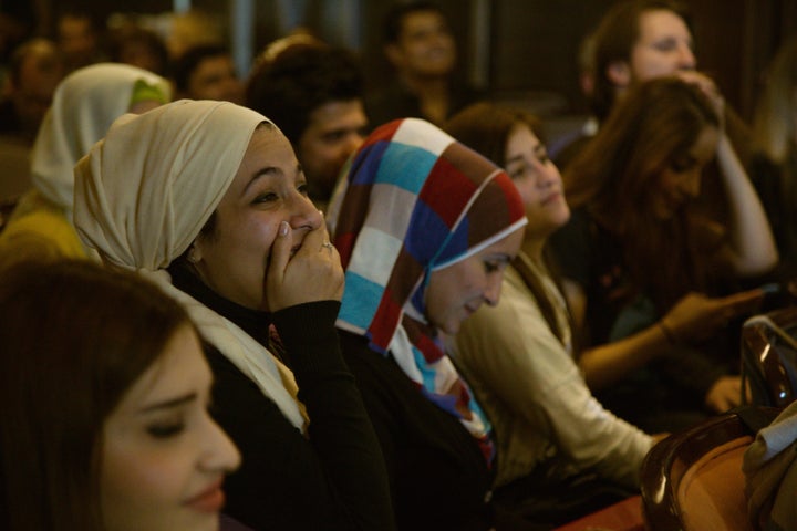 Workshop participants respond to comedy skits in Erbil.&nbsp;