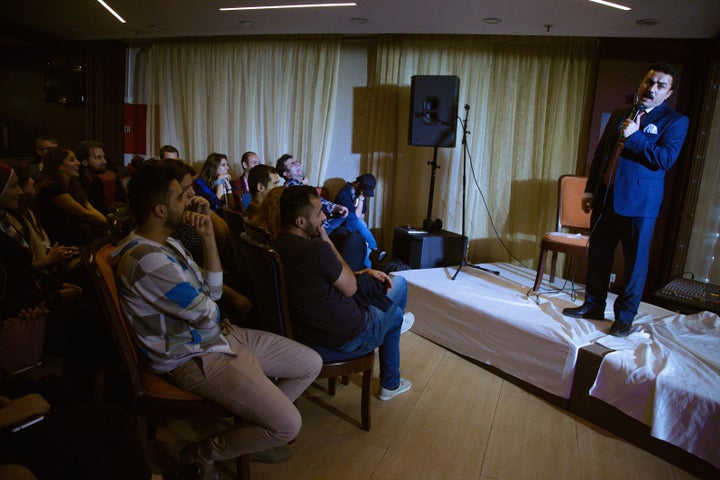 An Iraqi comedian performs a skit during a weekend workshop in Erbil that brought together dozens of Iraqi writers,