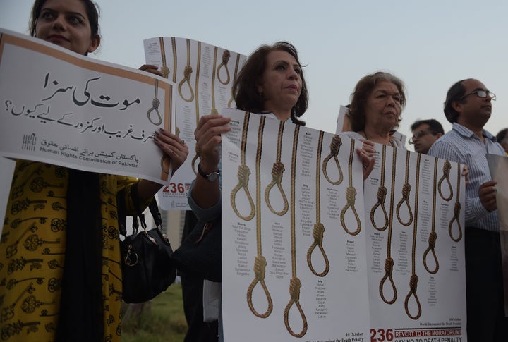 Activists from the Human Rights Commission of Pakistan mark International Day Against the Death Penalty in Islamabad on Oct.
