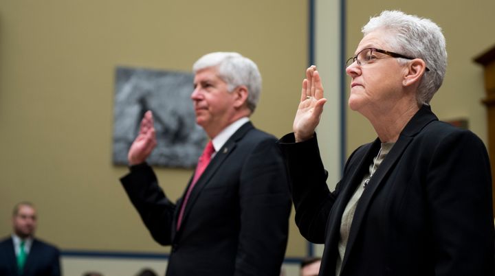 Michigan Gov. Rick Snyder and EPA head Gina McCarthy testify during a House Oversight and Government Reform Committee hearing on lead-contaminated drinking water in Flint, March 17, 2016.