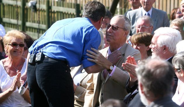 David Cameron greeting his father Ian during the general election campaign