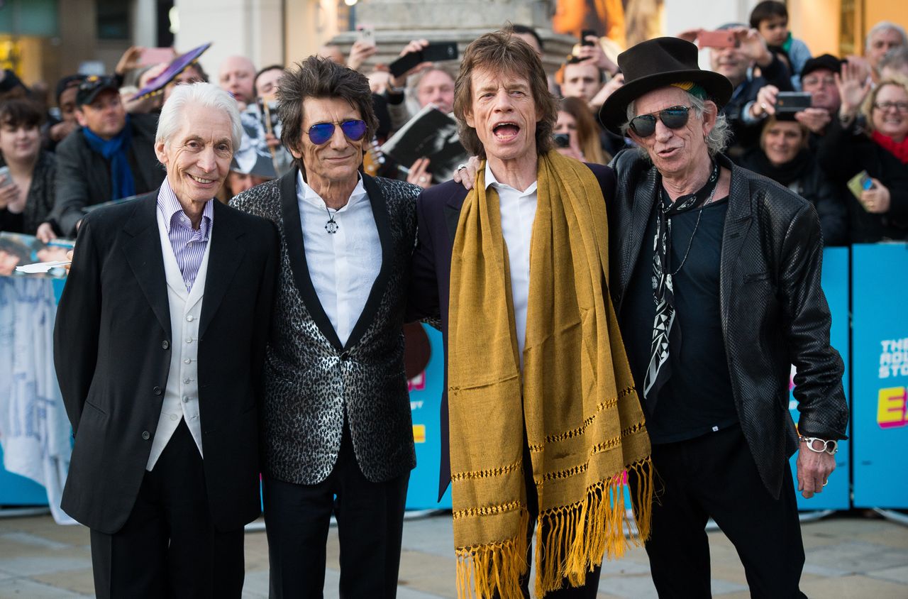 Charlie Watts, Ronnie Wood, Mick Jagger and Keith Richards of the Rolling Stones arrive for the private view of 'The Rolling Stones: Exhibitionism'.