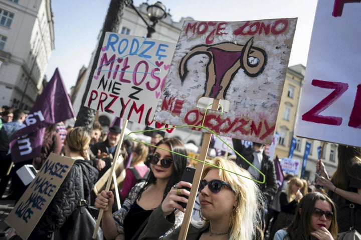 Thousands of people protested across Poland after news broke about a possible full ban on abortions. People held banners reading, "I'm giving birth from love, not from being forced" and "My womb does not belong to homeland."