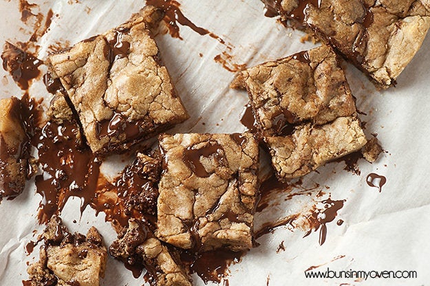 Get the Dark Chocolate Browned Butter Chocolate Chip Cookie Bars recipe from Buns In My Oven.