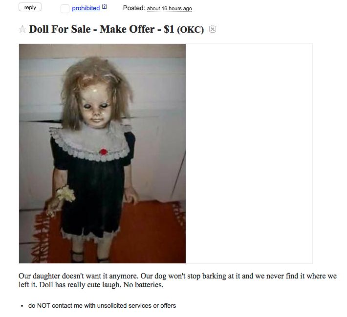 An Oklahoma seller has posted a creepy Craigslist ad for a doll that's said to laugh and move on her own.