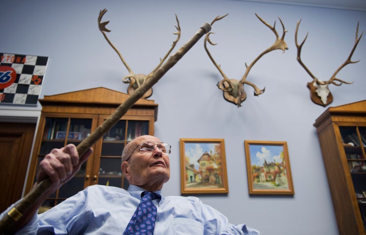 Dingell talks about the caribou and elk antlers that adorn the walls of his congressional office in 2014.