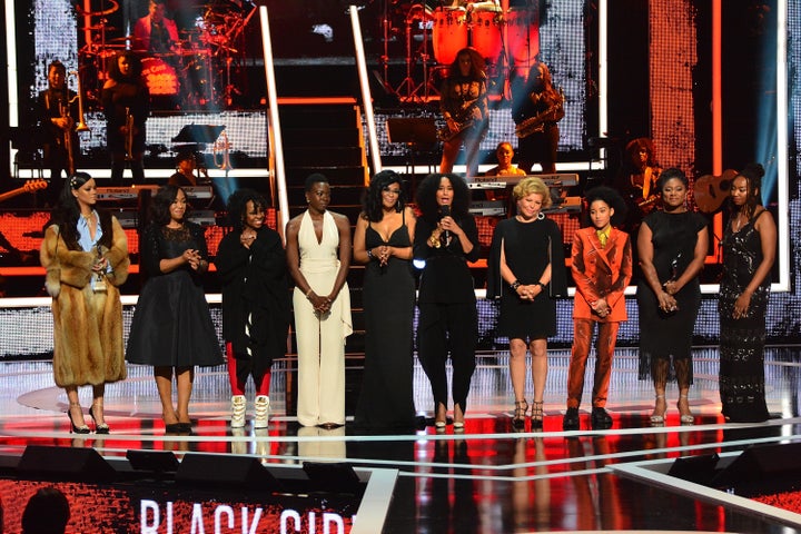 (L-R) Celebrants Rihanna, Shonda Rhimes, Gladys Knight, Danai Gurira, Beverly Bond, Tracee Ellis Ross, Debra Lee, Amandla Stenberg, Alicia Garza and Opal Tometi take the stage at the end of the Black Girls Rock!