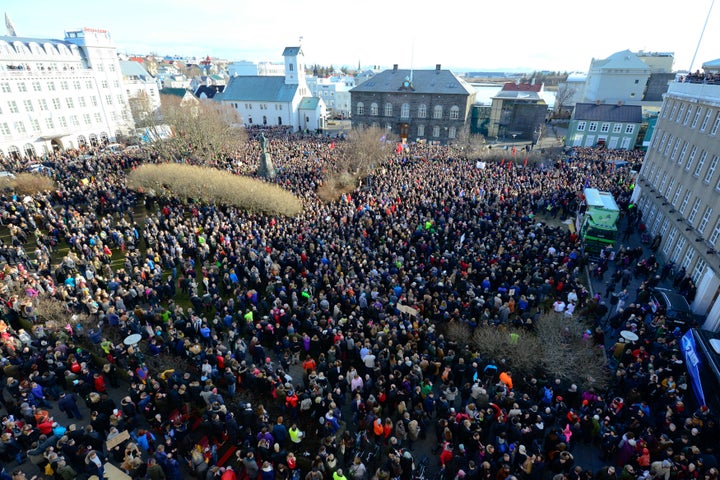 People demonstrate against Iceland's Prime Minister Sigmundur Gunnlaugsson in Reykjavik, Iceland on April 4, 2016.