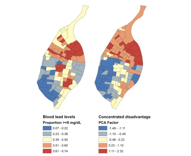 On the left, blood lead levels in St. Louis children, with the highest levels in red. On the right, "disadvantage factors" researchers controlled for, which include income, unemployment and food stamp assistance. 