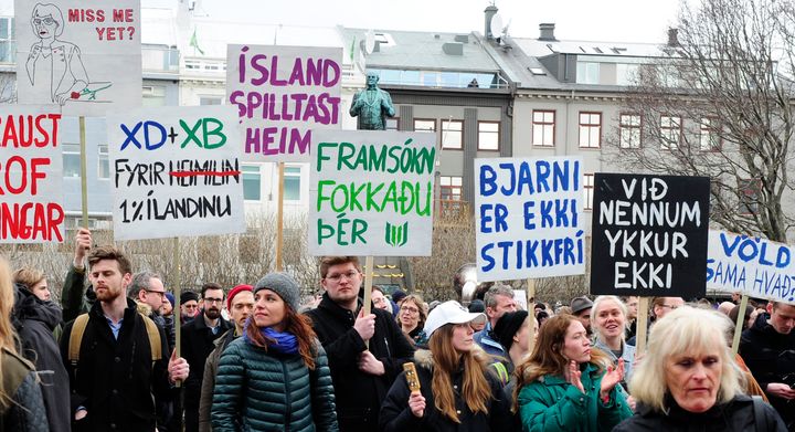 People demonstrate against Iceland's Prime Minister Sigmundur David Gunnlaugsson in Reykjavik, Iceland April 5, 2016