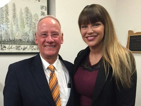 Ray, left, poses with Brenda Tracy. The two have teamed up to improve how Oregon State University handles sexual violence.
