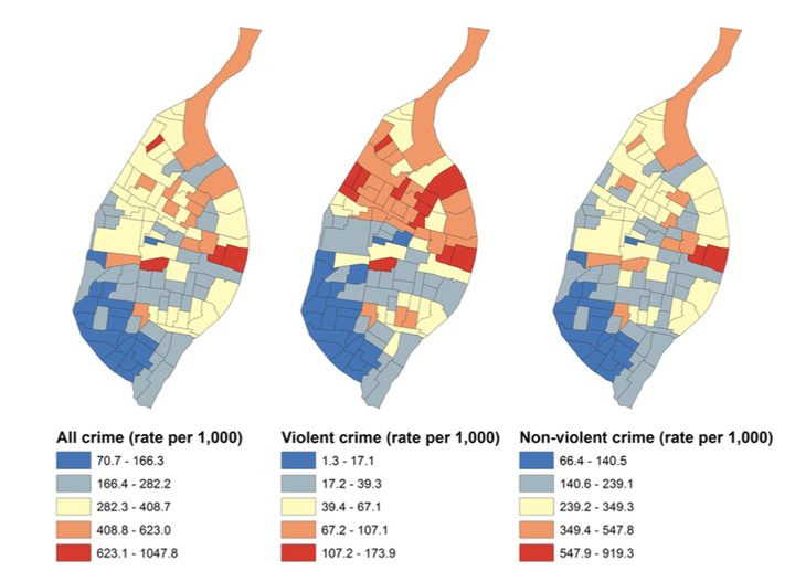 From left to right, total crime, violent crime and non-violent crime rates per 1,000 people in St. Louis between the years 2010 and 2012. 