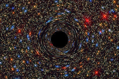 A computer-simulated image illustrates the gravitational pull of a supermassive black hole.