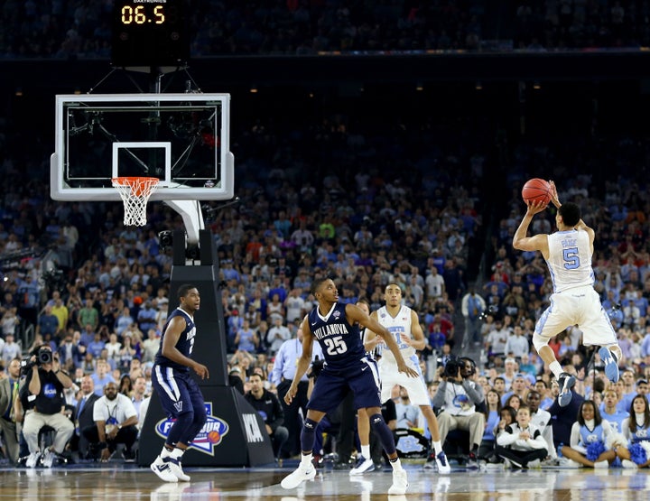 Marcus Paige's double-pump three-pointer tied the NCAA Tournament final before Villanova's Kris Jenkins responded with a buzzer-beating three-pointer to win it.