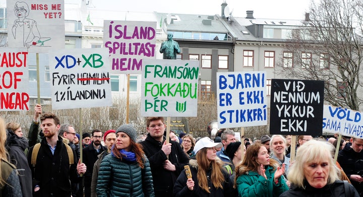 People demonstrate against Iceland's Prime Minister Sigmundur David Gunnlaugsson in Reykjavik on Tuesday.