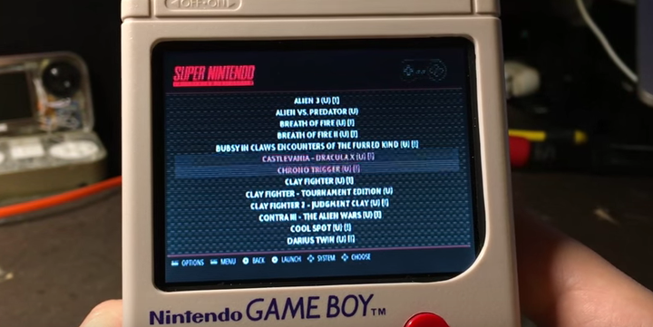 A list of Super Nintendo games loaded onto a custom "Game Boy Zero."