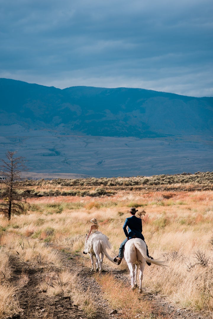 The newlyweds ride off into the sunset. 