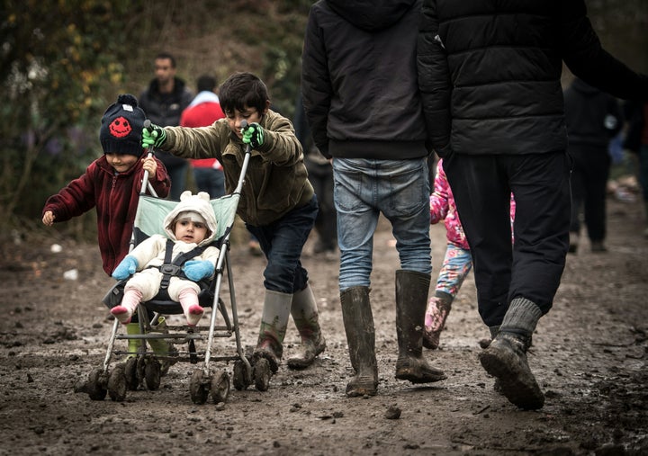 Young migrants at the camp in Grand-Synthe near Dunkirk.