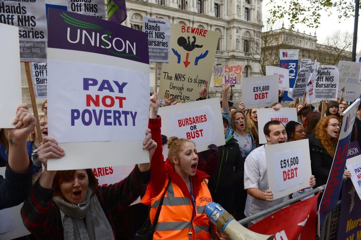 <strong>Student midwives and nurses stage a protest over the scrapping of bursaries outside the Department of Health in London in January 2016</strong>