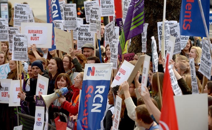 Student midwives and nurses stage a protest over the scrapping of bursaries outside the Department of Health in London in January 2016.