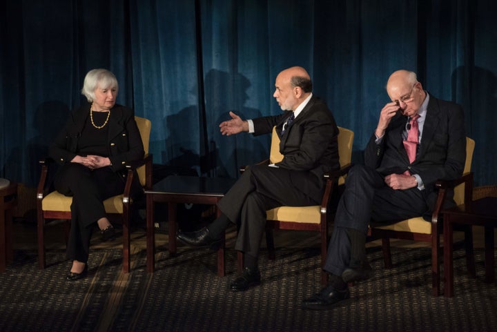 Federal Reserve chairwoman Janet Yellen on a panel discussion alongside past chairs Ben Bernanke and Paul Volcker on April 7, 2016. Alan Greenspan joined via video stream.