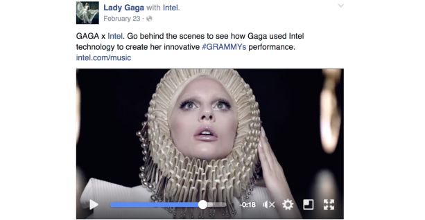 An example of what branded content will look like on Facebook, featuring Lady Gaga and paid for by Intel.