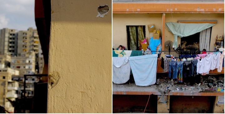 Left: Bullet holes on the walls of a home in Bab al-Tabaneh with buildings in the rival neighborhood of Jabal Mohsen visible in the background. Right: The other side of the same home in Tabaneh faces a dilapidated building with Syrian refugees.