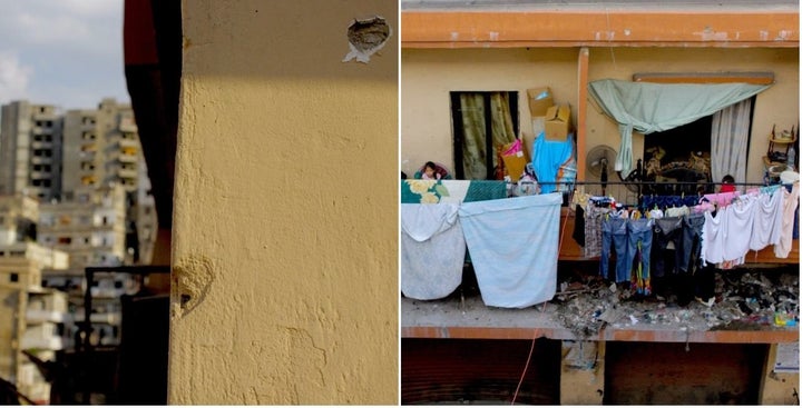 Left: Bullet holes on the walls of a home in Bab al-Tabaneh with buildings in the rival neighborhood of Jabal Mohsen visible