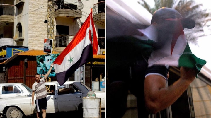 Left: A man proudly displays the Syrian state flag in the neighborhood of Jabal Mohsen. Right: A protester waves a Free Syrian Army flag on his way to a demonstration in Bab al-Tabaneh.