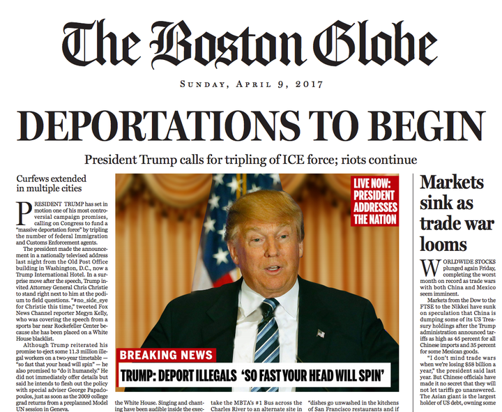 The fake front page the Boston Globe used to raise alarm about a Donald Trump presidency.