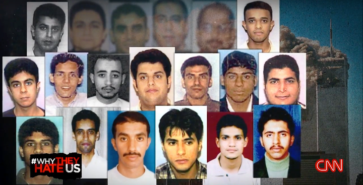 A still from Fareed Zakaria's "Why They Hate Us" shows photos of the 19 hijackers in the September 11th attacks, <a href
