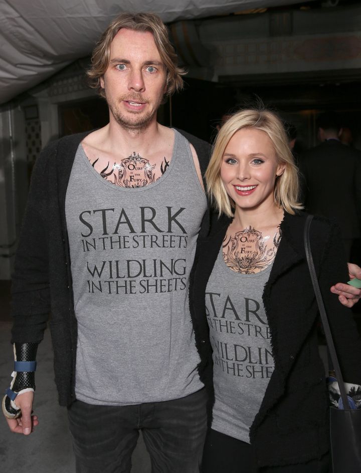 Dax Shepard and Kristen Bell wear Game of Thrones shirts and tattoos on a date night at the premiere of HBO's 'Game Of Thrones' Season 6 at TCL Chinese Theatre on April 10, 2016 in Hollywood, California.