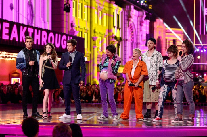 Actors Zac Efron, Anna Kendrick and Adam DeVine speak onstage during the 2016 MTV Movie Awards at Warner Bros. Studios on April 9, 2016 in Burbank, California.