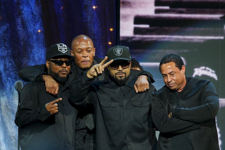 (L-R) MC Ren, Dr. Dre, Ice Cube and DJ Yella of N.W.A. pose for a picture onstage after speaking at the 31st annual Rock and Roll Hall of Fame Induction Ceremony.