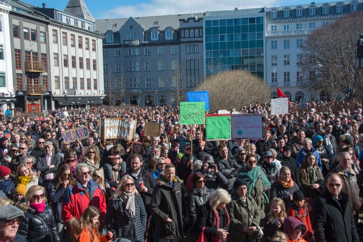 Thousands of Icelanders rally in Reykjavik on April 9, 2016. Protests continued this weekend following last week's "Panama Papers" revelations.