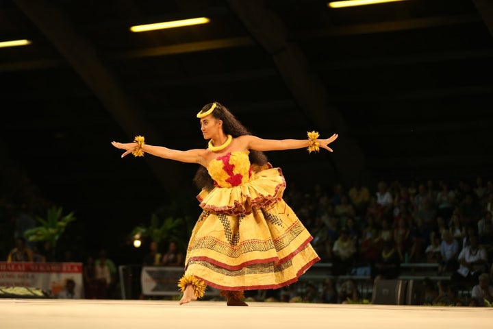 Kayli Ka'iulani Carr performs her hula kahiko during the 2016 Merrie Monarch Festival.