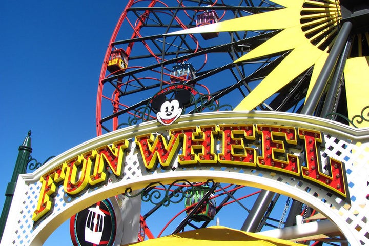 Mickey's Fun Wheel, overlooking Disney California Adventure at the Disneyland Resort in California.